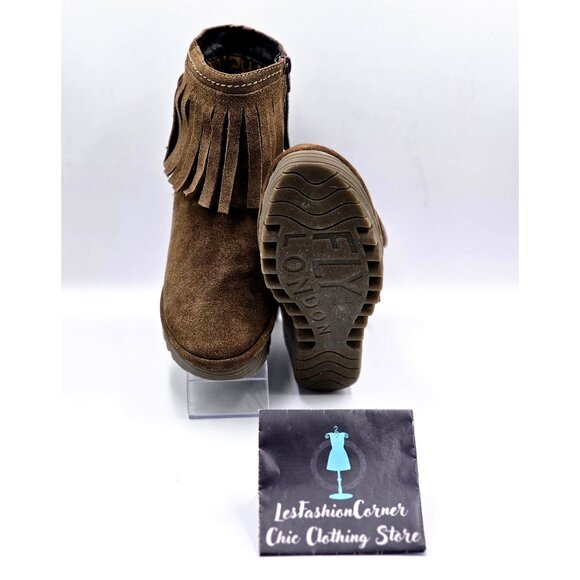 Fly London Women's Brown Suede Leather Fringe Wedge Ankle Booties Size 7.5 2188 - Picture 4 of 16
